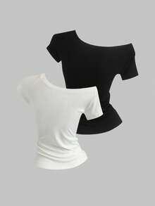 Sweetra 2pcs Women's Summer Off-Shoulder Fitted T-Shirt, Basic Off-Shoulder Tops, Black & White - Black - View 2