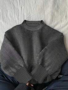 EMERY ROSE Women's Casual Solid Color Drop Shoulder Sweater, Versatile For Autumn/Winter - Grey - View 4
