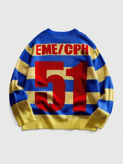 Street Life Men's Round Neck Numeric Striped Knit Sweater, Street Fashion