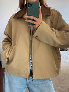 DAZY 小众设计实用夹克开衫短外套，女士常规夹克 - 卡其色 - 查看 5
