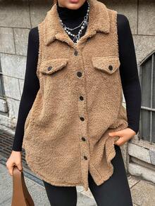 Muchica Plus Size Solid Color Fuzzy Front Button Sleeveless Jacket, Autumn/Winter - Khaki - View 1