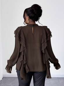 Maweii Plus Size Women's Stand Collar Ruffle Flare Sleeve Sheer Elegant Vintage Casual Holiday Party Blouse, Brown/Coffee - Brown - View 2