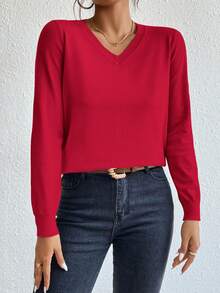 SHEIN Essnce 秋冬季纯色V领黑色上衣毛衣 - 紅色 - 查看 6