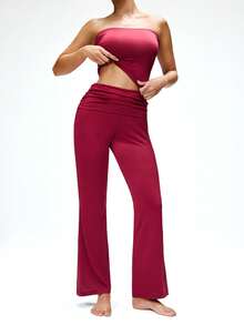 SHAPORA Women's Solid Color Bandeau Top And Waist Ruffle Flare Pants Pajama Set - Red Violet - View 4