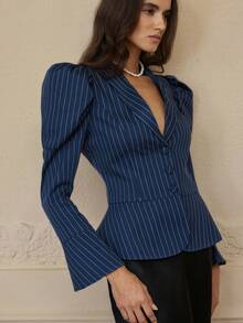 Aveloria Rosie Women's Striped Waist Gathered Puff Sleeve Long Sleeve Ruffle Hem Elegant Versatile Blazer Jacket - Blue - View 4