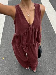 Muchica Bộ đồ lót và quần dài cổ chữ V họa tiết bông tuyết cổ điển dành cho nữ, mùa hè - Màu Đỏ Sâu - Xem 1