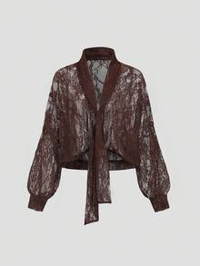 SHEIN Glamour SHEIN Charming Sheer Vintage Ribbon Lace Deep V-Neck Sheer Long Sleeve Loose Women's Shirt Top, Brown French Fashion Lace Tie Collar Hollow-Out Sexy Turn-Down Collar Long Sleeve Women's ShirtvintageVacay Vibestrendy Basic AuStreetwearSkin RevealingRetro ChicMinimalist Stylegirly AuElevated Elegance - Brown - View 11