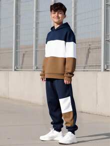 Vacaura 2件套青少年（男童）休闲学院风拼接连帽衫和运动裤套装，秋冬季 - 彩色 - 查看 1