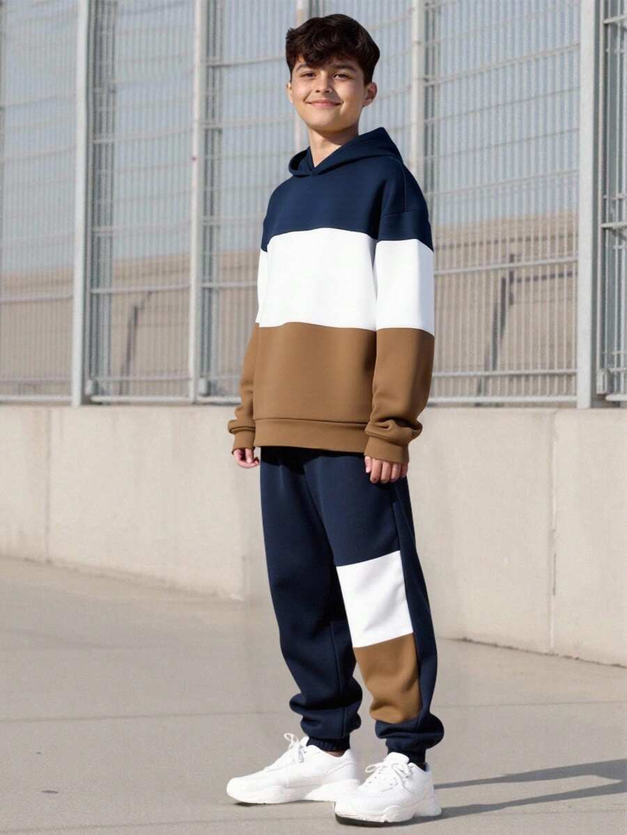 Vacaura 2件套青少年（男童）休闲学院风拼接连帽衫和运动裤套装，秋冬季 - 彩色 - 查看 1