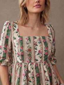 WESTFADE 条纹碎花方领泡泡袖层叠荷叶边娃娃迷你连衣裙，适合节日、圣诞节、新年夜穿着，也适合秋季、冬季穿着，风格波西米亚风、休闲风、可爱风、西部风。 - 彩色 - 查看 2