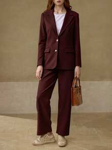 Conjunto de traje para mujer estilo casual ejecutivo con tejido estructurado, corte ajustado, solapa clásica, manga larga, para primavera y otoño, ideal para oficina y eventos formales - Marrón - Ver 1