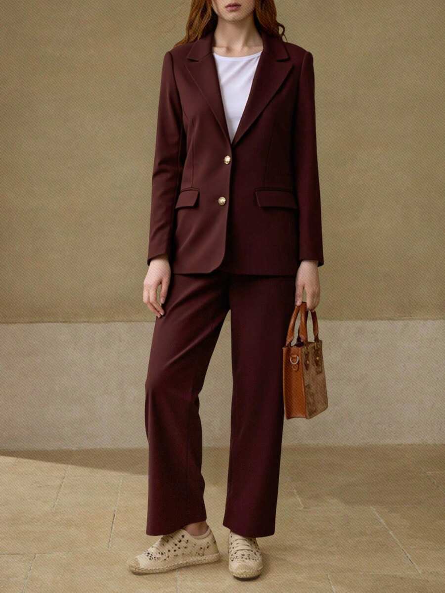 Conjunto de traje para mujer estilo casual ejecutivo con tejido estructurado, corte ajustado, solapa clásica, manga larga, para primavera y otoño, ideal para oficina y eventos formales - Marrón - Ver 1