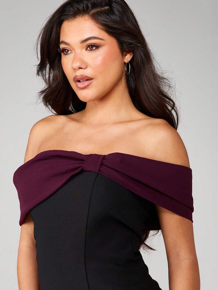 MISSGUIDED Vestido mini con hombros descubiertos, detalle de lazo Bardot y silueta ajustada con detalle de torsión, perfecto para fiestas y ocasiones de noche