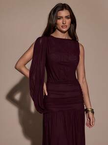 SHEIN BAE Women's Solid Color Pleated Asymmetric Collar Elegant Dress,Spring, Summer Dress,Spring Outfit Women ,Summer Outfit For Women, Valentine's Day,Valentine Outfits For Women ,Elegant ,Vacation Outfits Women ,Summer Holiday Outfits ,Casual,Beach Outfit For Women,Burgundy Dress , - Purple - View 5