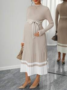 Momance Maternity Pleated Stand Collar Striped Print Belted Long Sleeve Sweater Dress - Apricot - View 4