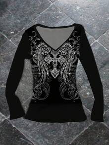 Attitoon Camiseta de manga larga con cuello en V con patrón de alas y cruz, adecuada para mujeres, Halloween, estilo Y2K, ropa de calle, vintage, vuelta al cole, retro, vacaciones, atuendos casuales, otoño/invierno, hip-hop, estética de estilo central, gótico cibersiguilismo, gyaru - Blanco - Ver 6