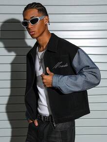 PAVTROS 男士牛仔拼接宽松短袖长袖夹克街头风拉链短款夹克 - 深色水洗藍 - 查看 2