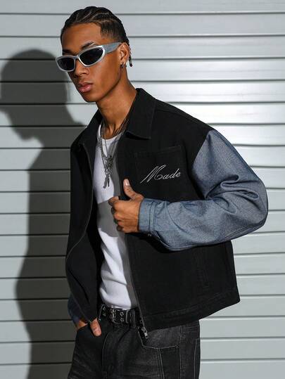 PAVTROS Men's Denim Patchwork Loose Short Long Sleeve Jacket Streetwear Zip Up Jacket Cropped Jacket Men