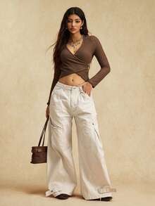 Easelle Brown Knit Jacquard Women's Cropped Fitted Top With Side Waist Metal Embellishments; Brown Textured Fabric Top With Decorative Metal Buttons. - Brown - View 7
