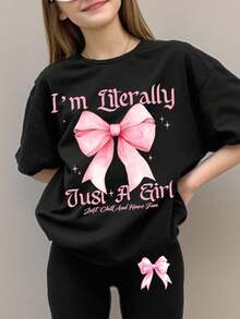 SHEIN Bộ 2 áo thun tay ngắn cổ tròn in họa tiết nơ Y2K phong cách thường ngày và quần ống loe, màu đen và hồng, trang phục mùa hè, thoải mái dễ chịu, nhiều lớp quần áo mùa thu cho trẻ em, trẻ em sành điệu, trang phục thường ngày, quần áo họa tiết trẻ em, trở lại trường, quần áo mùa thu, tiệc chào đón - Nhiều màu - Xem 3