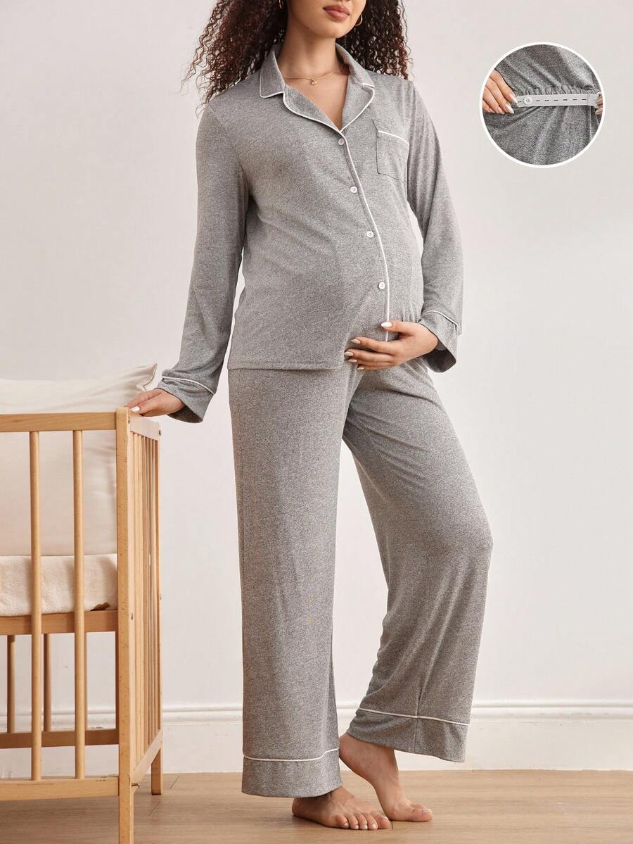 BloomMama Casual, Basic, Fashionable Maternity & Nursing Pajamas Set, Winter - Grey - View 1
