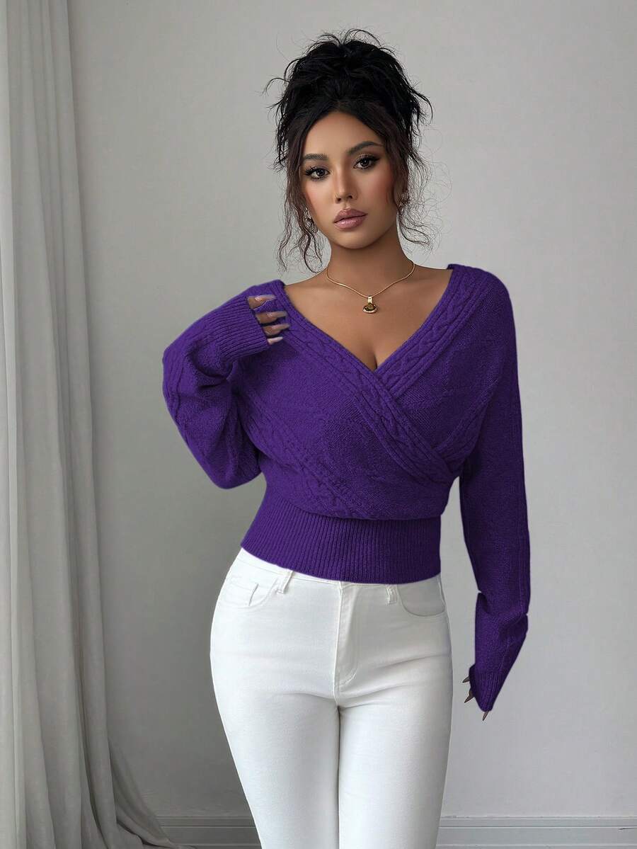 SHEIN Elenzya 女士V领纯色交叉裹身长袖露背短款针织毛衣 - 紫色 - 查看 1