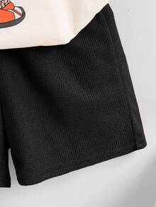 SHEIN 2pcs/Set Young Boy Kids Comfortable Daily Versatile Casual Cute Loose Fit Japanese And Korean Style Animal Bear Pattern Embroidered Round Neck Short Sleeved T-Shirt Knitted Top And Yellow Waffle Shorts Set, Suitable For Spring And Summer Seasons, Daily Life, Sports, Campus, Gatherings, Festivals, Performances, Photography, Back To School Season - Black - View 6