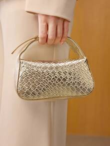 MOTF PREMIUM LADIES EXQUISITE WOVEN EMBOSSED MATERIAL HANDBAG WITH SMALL HARDWARE DECORATION DETAILS,NEW YEARS - Gold - View 8