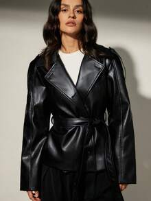 Aveloria Modichic Button Closure Bow Waist Decor Long Sleeve Lapel PU Jacket