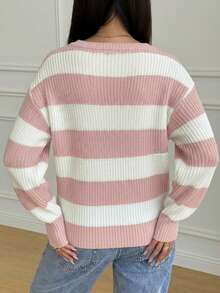 SHEIN Teen Girls Casual Striped Knit Sweater, Minimalist & Fashionable, Suitable For Everyday Wear, Autumn/Winter - Pink - View 2