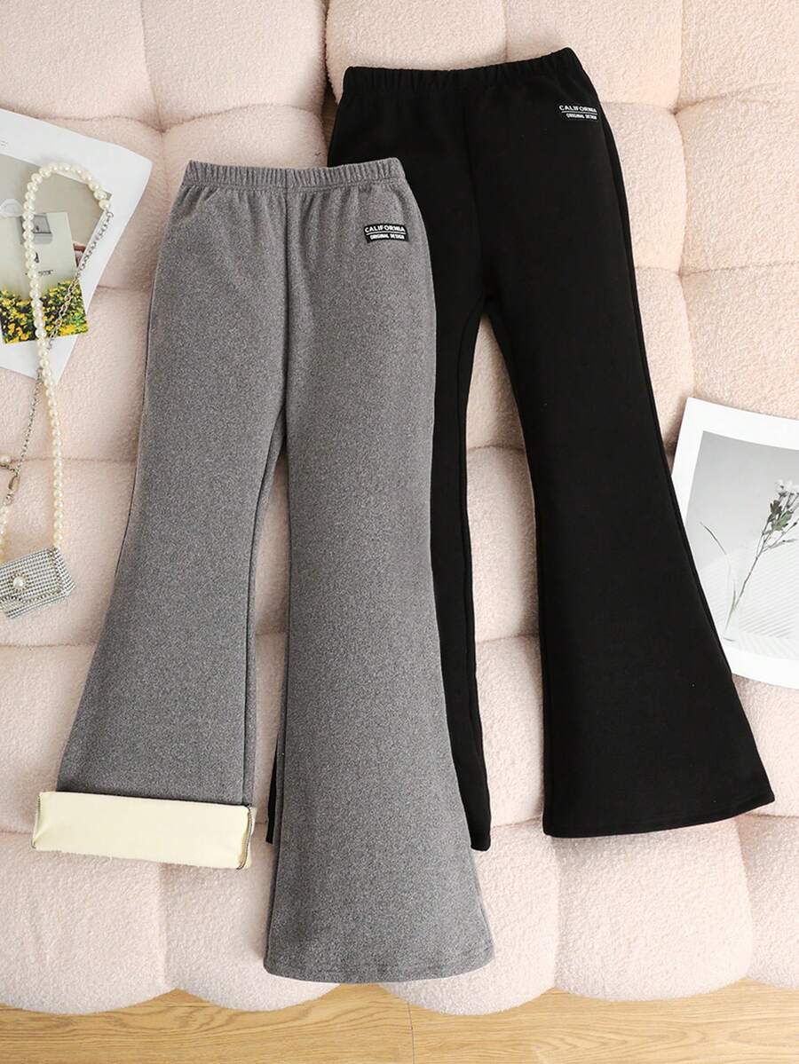 SHEIN 2pcs Tween Girls Thermal Lined California Graphic Embroidered Flare Pants Set, Casual Everyday Wear, Black & Grey, Autumn/Winter Girls Flared Pants Girls Bell Bottom Pants Flared Pants For Teens Flare Sweat Pants - Grey - View 1