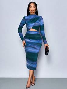 SOLERSUN Váy dài tay đơn giản, họa tiết tie-dye, nhún bèo, thanh lịch dành cho nữ, thích hợp cho các buổi tiệc hẹn hò (Họa tiết hoa ngẫu nhiên) Trang phục maxi dành cho nữ - Màu xanh Ô liu - Xem 4