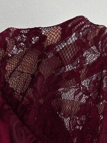 Elenzga 大码女士优雅浪漫日常派对连衣裙，新年派对、婚礼宾客礼服，撞色蕾丝立领，荷叶袖，褶裥飘逸连衣裙，春秋季 - 酒紅色 - 查看 8