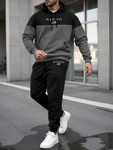 Manfinity Plus Size Men's Color Block Hoodie And Pants Set - Multicolor - View 1