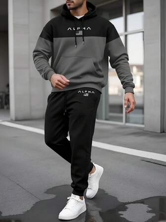 Manfinity Conjunto de sudadera con capucha y pantalones de bloques de color para hombres de talla grande