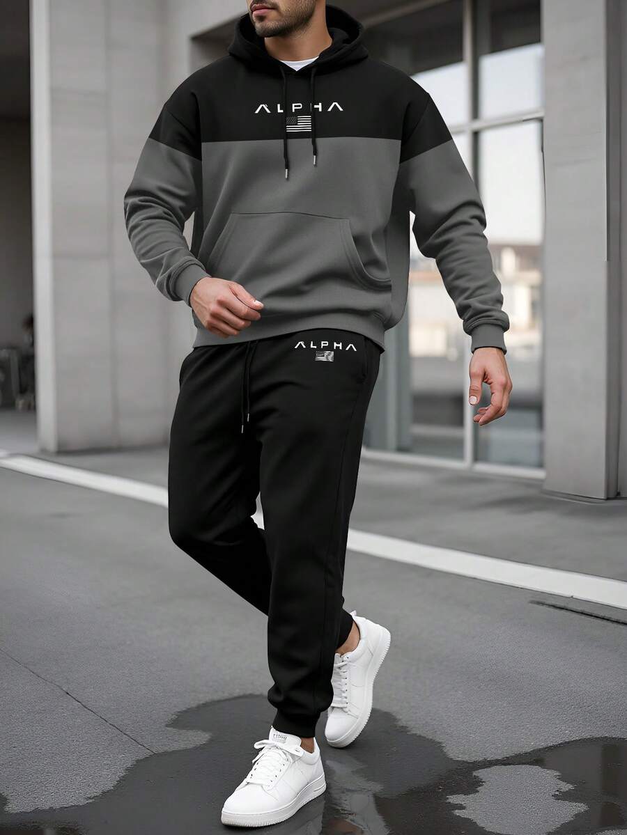 Manfinity Plus Size Men's Color Block Hoodie And Pants Set - Multicolor - View 1