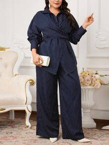 Modelyn 秋季大码休闲条纹长袖衬衫和裤子两件套 - 藏蓝色 - 查看 5