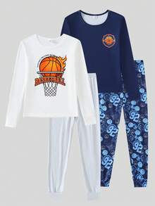 男童休闲篮球印花长袖上衣和紧身裤睡衣套装（4件套） - 彩色 - 查看 8