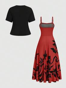 SHEIN Clasi 大码女式纯色短袖开衫外套和印花无袖中长连衣裙套装 - 紅色 - 查看 2