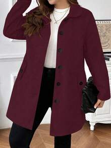Plus Size Women's Solid Color Long Sleeve Single-Breasted Casual Pocket Woolen Coat, Autumn/Winter - Red - View 3