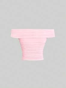 Sweetra Women's Summer Slim Fit Ruched Off Shoulder T-Shirt, Solid Color Y2K