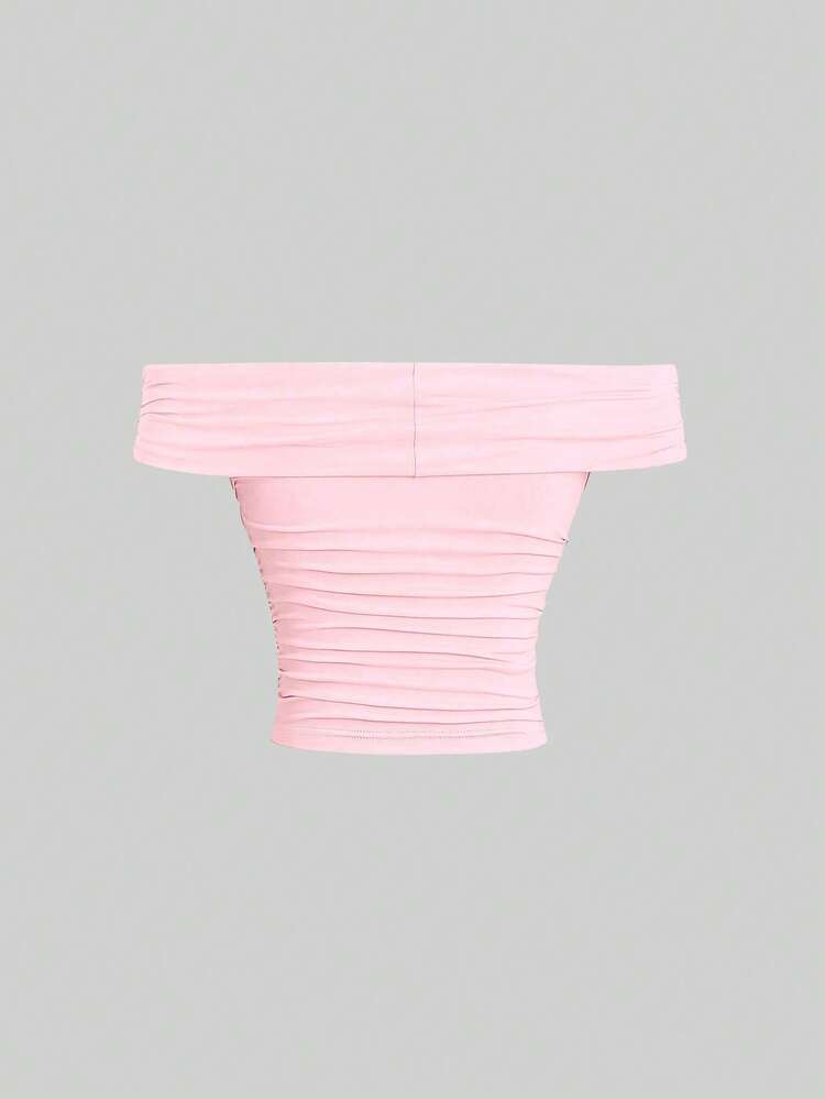 Sweetra Camiseta de mujer de ajuste ceñido con hombros descubiertos y plisados, unicolor Y2K - Rosa - Añade 2