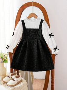 SHEIN Young Girl' Floral Textured Pastoral Style Puff Sleeve Bow Decor Yellow Dress, Autumn - Black and White - View 4