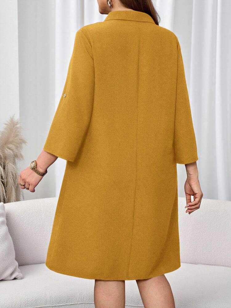 Plus Size Solid Color Turndown Collar Casual Versatile 3/4 Sleeve Dress