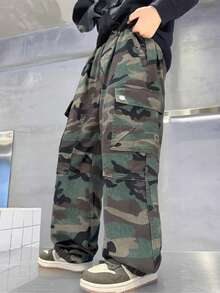 Coolqubz Denimly 男童时尚休闲迷彩牛仔裤，松紧腰带，带大口袋，宽松版型，水洗军绿色 - 軍綠色 - 查看 6