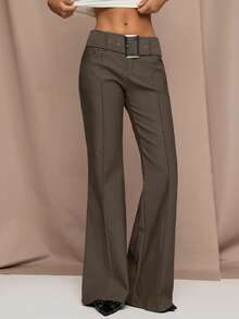 SHEIN BAE Women's Solid Color Seam Front Belted Elegant Flare Leg Pants,Fall,Fall Clothes For Women,Winter Clothes For Women - Brown - View 7