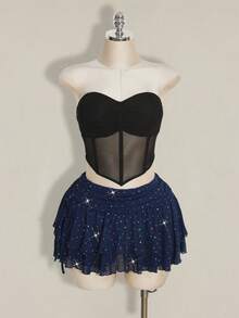 SHEIN ICON Plus Size Ruched Tie-Up High Slit Layered Glitter Mesh Mini Skirt - Navy Blue - View 4
