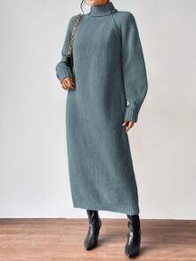 SHEIN Clasi 女式纯色高领长袖休闲针织毛衣裙，秋冬 - 藍色 - 查看 6