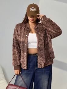 SHEIN EZwear 复古拼色蓬松厚款休闲大码棒球夹克外套，秋冬 - 棕色 - 查看 8
