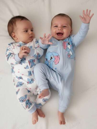 2 delar mjuka och bekväma pyjamasset för babypojkar, söt kanin med dragkedja, långärmad topp och långa byxor